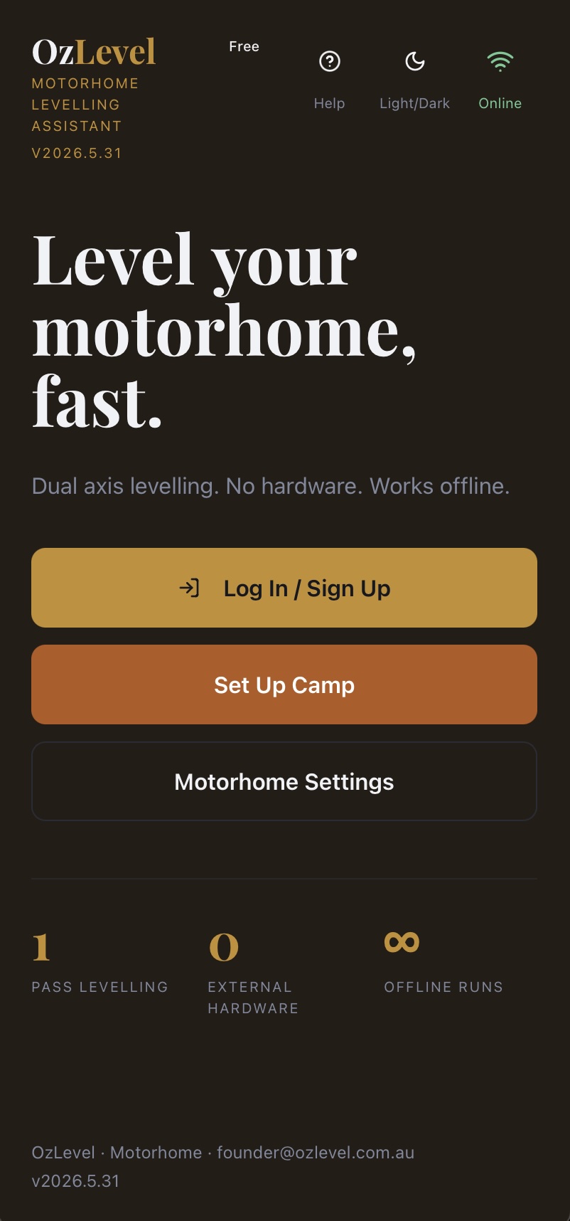 OzLevel home screen — tap Level Me to begin